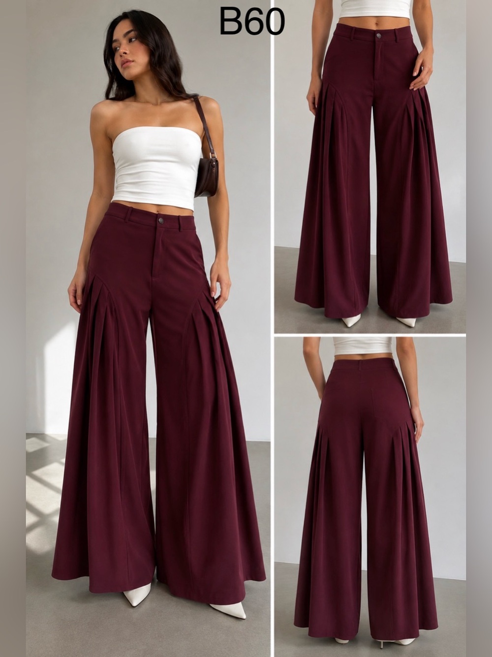 Commense Wide-Leg Pleated Maroon Pants